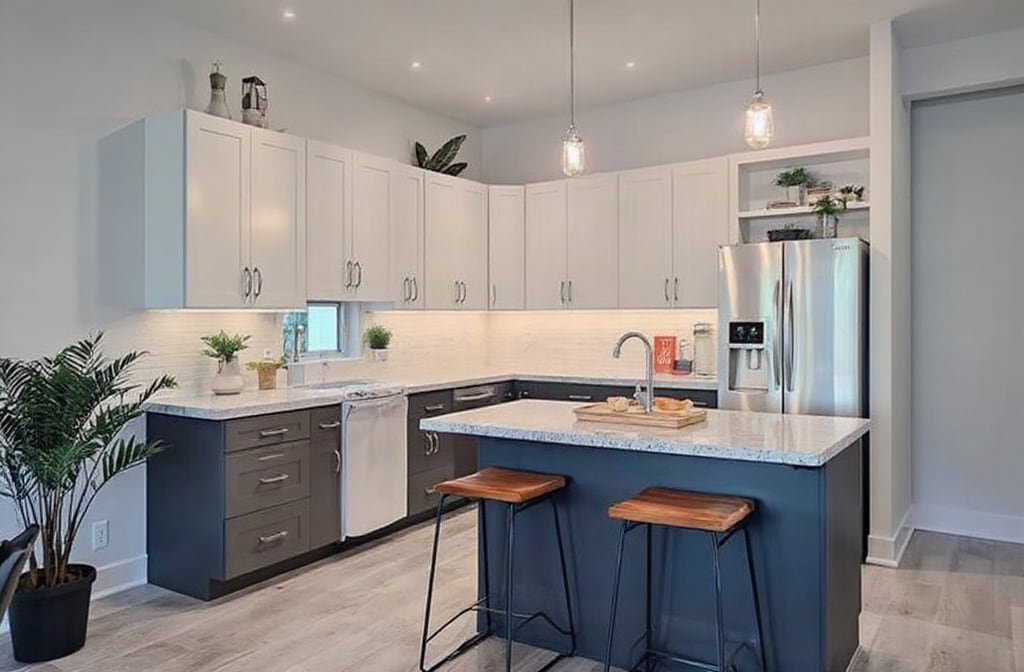 Kitchen peninsula bar top with stools